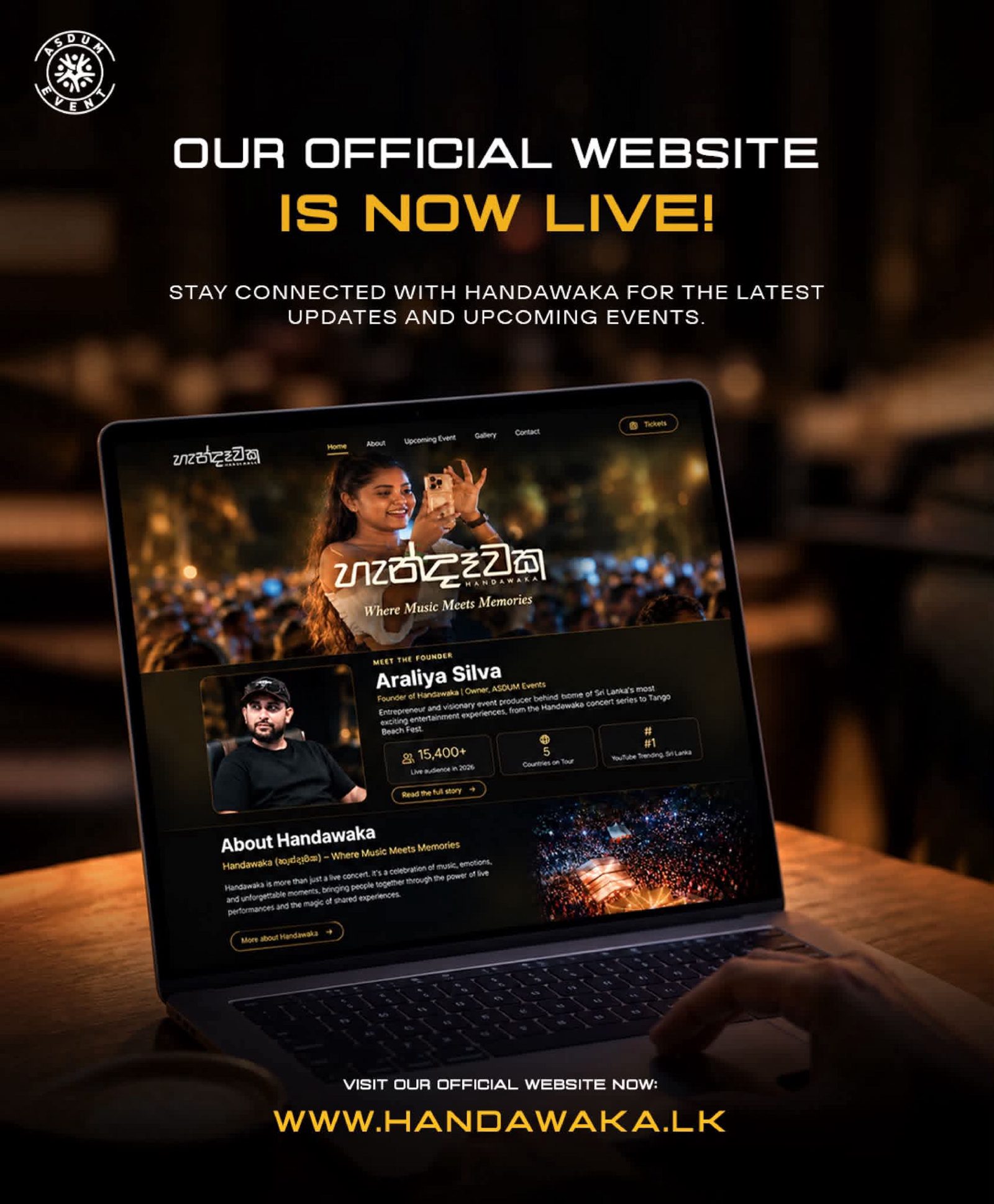 Promotional announcement celebrating the launch of the official Handawaka website, inviting visitors to explore upcoming events and stay connected at handawaka.lk. Built by inQute Digital Solutions.